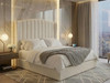 Jimena Ottoman Storage Bed Frame upholstered in soft white boucle fabric, featuring a winged headboard with deep fluted accents